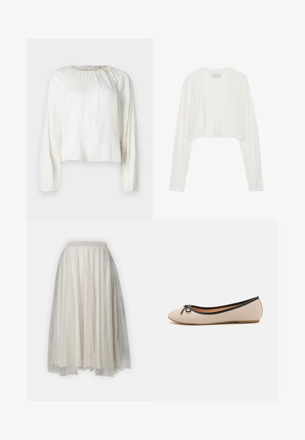 Cardigan blanc court, manches longues, texture tricotée douce, design à l'avant ouvert, étiquette indiquant "ANNA FIELD", style minimaliste sans fermetures.; Blouse légère de couleur crème avec des manches longues, en tissu texturé, décolleté rond et détail de bouton à l'épaule.; Jupe blanche à plusieurs couches, avec un tissu intérieur lisse et une couche extérieure en tulle transparent, dotée d'une taille élastique pour plus de confort.; Ballerine en matériau synthétique beige avec une bordure noire. Présente un bout arrondi et un petit nœud noir en accent à l'avant. Semelle plate.
