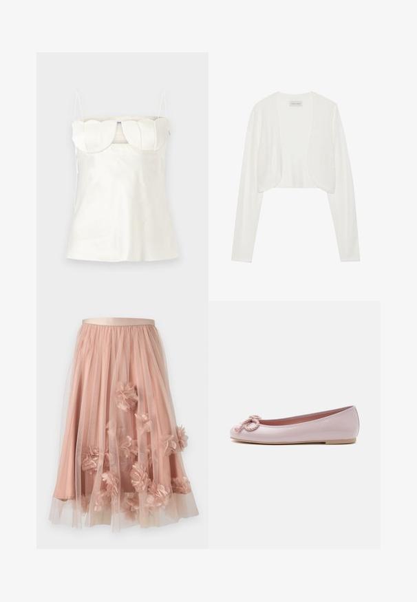 Hvid cropped cardigan, lange ærmer, blød strikstruktur, åben frontdesign, mærket siger "ANNA FIELD", minimalistisk stil uden lukninger.; Hvid satin camisole med justerbare stropper, en struktureret, scalloped buste og en lige kant. Glat tekstur og minimalistisk design.; Tylskørt i blød lyserød med satinbånd i taljen. Har lag af gennemsigtigt stof og tredimensionelle blomsterapplikationer over det hele.; Lyserød lakballerina med rundet tå, snoet snøre sløjfe foran og lav beige sål på hvid baggrund.