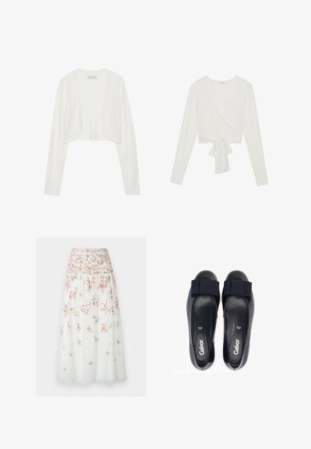 Hvid cropped cardigan, lange ærmer, blød strikstruktur, åben frontdesign, mærket siger "ANNA FIELD", minimalistisk stil uden lukninger.; Hvid langærmet omslagstop med en v-halsudskæring og en knyttet frontdetalje. Fremstillet af blødt stof, har en cropped design. Glat tekstur.; Hvid tyl nederdel med lagdelt lyserød blomsterbroderi og en tætsiddende talje, med små prikkede teksturer over hele stoffet.; Sorte Gabor flade sko med elastiske stropper, glat læderoverdel, rund tå og blød indre polstring. Størrelse markeret som 41/2.