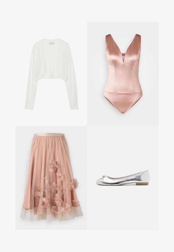 Hvid cropped cardigan, lange ærmer, blød strikstruktur, åben frontdesign, mærket siger "ANNA FIELD", minimalistisk stil uden lukninger.; Lyserød satin svømmedragt med en dyb V-hals og brede skulderstropper. Har en tætsiddende bodice og kort bunden cut. Glat tekstur.; Tylskørt i blød lyserød med satinbånd i taljen. Har lag af gennemsigtigt stof og tredimensionelle blomsterapplikationer over det hele.; Sølv balletflade med metallisk finish, rund tå, sløjfeaccent foran og en lav hæl for ekstra komfort.