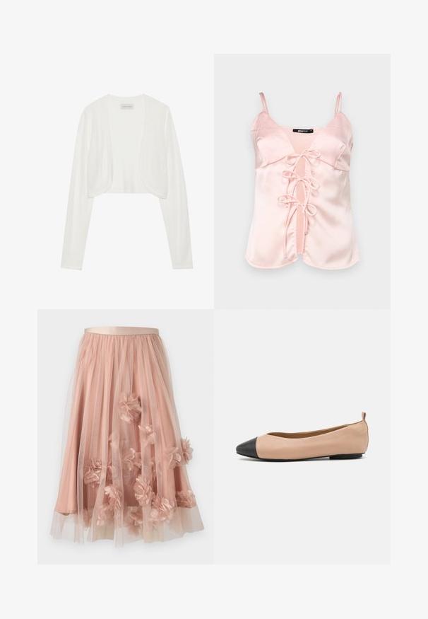 Biely skrátený cardigan, dlhé rukávy, mäkká pletená textúra, otvorený predný dizajn, štítok s nápisom "ANNA FIELD", minimalistický štýl bez zapínania.; Ružový saténový top s nastaviteľnými ramienkami, ktorý má predné viazanie s slučkami a V-čkový výstrih. Hladká textúra a čisté línie.; Tylová sukňa v jemnej ružovej farbe s pásom zo saténu. Má vrstvenú priesvitnú tkaninu a trojrozmerné kvetinové aplikácie po celej ploche.; Kožené balerínky s telovou farbou a čiernym špičkovým detailom. Majú minimalistický dizajn, hladkú textúru a malý zadný pútko pre jednoduché obutie.