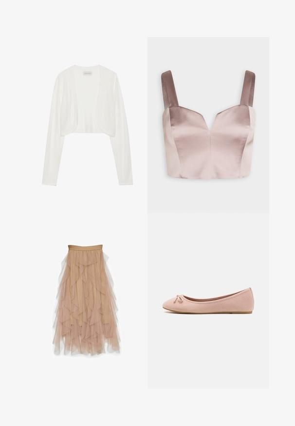 Witte geknipte cardigan, lange mouwen, zachte brei textuur, open voorkant ontwerp, label met de tekst "ANNA FIELD", minimalistische stijl zonder sluitingen.; Swing Top - fading lilac; Vero Moda VMEVE High waist Long - Maxirok - light taupe; Ballet flats van zacht rozenhuid-suède met een ronde neus en een klein strikdetail aan de voorkant, met een lage platte zool.