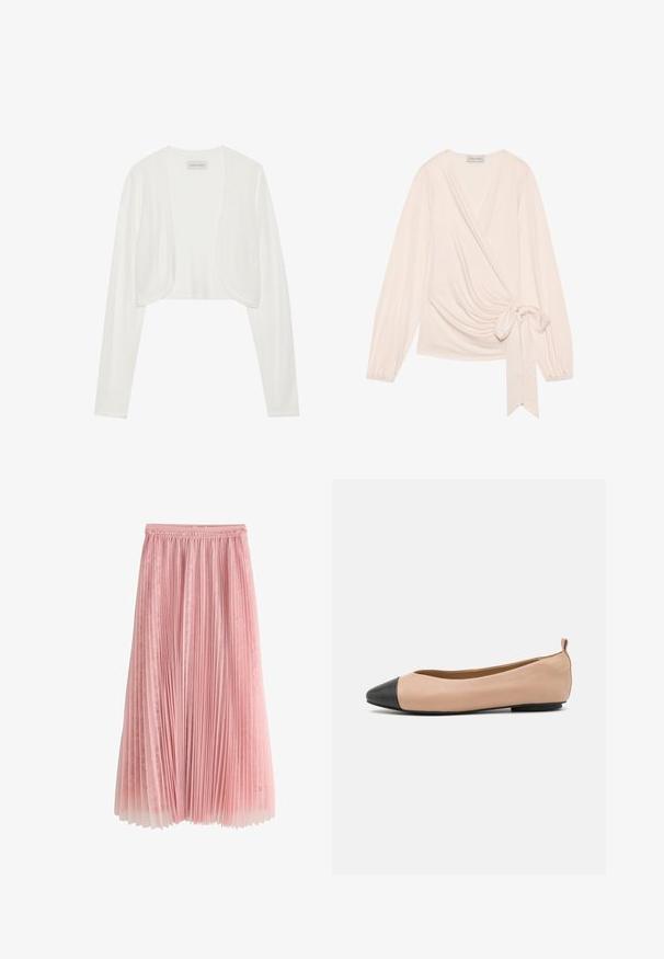 Witte geknipte cardigan, lange mouwen, zachte brei textuur, open voorkant ontwerp, label met de tekst "ANNA FIELD", minimalistische stijl zonder sluitingen.; Omhul top in een zachte, lichtroze stof. Heeft lange mouwen, een strik in de taille en een subtiele draping aan de voorkant.; Roze geplooide midi-rok met een kanten onderlaag en een geplooide tailleband, getoond op een witte achtergrond.; Leren balletschoenen met een naakt lichaam en een zwart cap toe. Beschikt over een minimalistisch ontwerp, een gladde textuur en een klein lusje aan de achterkant voor eenvoudig aan- en uittrekken.