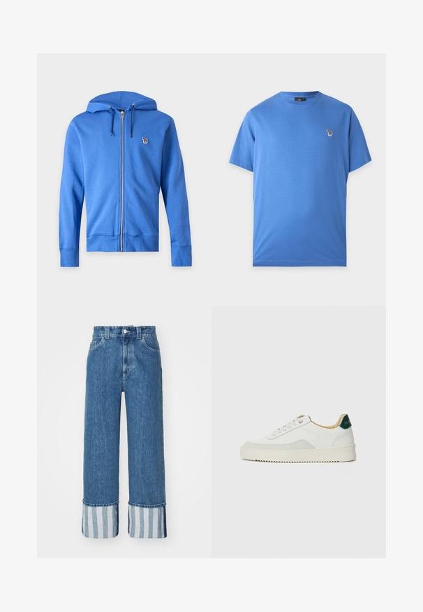 Modrá mikina na zips s kapucňou a šnúrkami a malým vyšívaným viacfarebným zebrovým logom na ľavej strane hrudníka na jednofarebnom svetlom pozadí.; Modré tričko s krátkym rukávom a okrúhlym výstrihom s malým viacfarebným zebra logom na ľavej strane hrudníka.; Džínsy s širokými nohavicami v stredne modrej farbe, s manžetou s modro-bielymi vertikálnymi prúžkami. Klasický dizajn s piatimi vreckami a zapínaním na gombík.; Biele tenisky s semišovými akcentmi, zaoblenou špičkou, plochými šnúrkami a krémovou gumovou podrážkou. Na päte sú zelené značky.