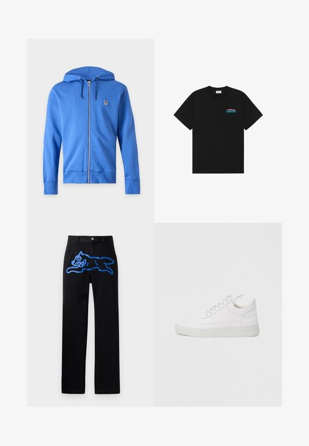 Blauwe hoodie met rits en trekkoord in de capuchon, met een klein geborduurd meerkleurig zebra-logo op de linkerborst tegen een effen lichte achtergrond.; Zwarte T-shirt met korte mouwen en ronde hals met klein "prince" logo in roze en blauw op de linkerborst.; Zwarte denim broek met een relaxte pasvorm, met een levendige blauwe graphic van een springende kat aan de voorkant. Klassiek vijf-pocket ontwerp.; Witte leren sneaker met een afgeronde neus, platte zool en veters aan de voorkant. Voorzien van stikseldetails en een gevoerde kraag voor comfort.