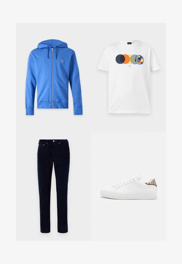 Blauer Kapuzenpullover mit Reißverschluss, Kordelzug und kleinem, besticktem mehrfarbigem Zebra-Logo auf der linken Brust vor schlichtem hellem Hintergrund.; Weißes kurzärmeliges T-Shirt mit Grafik von fünf überlappenden farbigen Kreisen, der letzte ähnelt einem mehrfarbigen Fußball, und kleinem Text darunter.; Herren Slim-Fit dunkelblaue Cordhosen mit Front- und Gesäßtaschen, Gürtelschlaufen und Knopfverschluss.; Weiße Ledersneaker mit glatter Oberfläche, ausgestattet mit einem bunten gestreiften Akzent an der Ferse, goldener Öse und flacher weißer Sole.