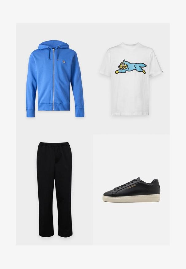 Modrá mikina na zips s kapucňou a šnúrkami a malým vyšívaným viacfarebným zebrovým logom na ľavej strane hrudníka na jednofarebnom svetlom pozadí.; Biely bavlnený tričko s modrým mačiatkom v kreslenom štýle, žltou tvárou a ostrými zubami, zobrazené v skáčucej póze.; Čierne nohavice strednej dĺžky s elastickým pásom. Vyrobené z hladkej látky, s pohodlným strihom a bez viditeľných vreciek alebo ozdôb.; Čierne kožené tenisky s hladkým povrchom, kontrastnou krémovou podrážkou, zaoblenou špičkou, zlatým logom na boku a šiestimi dierkami na šnúrky.