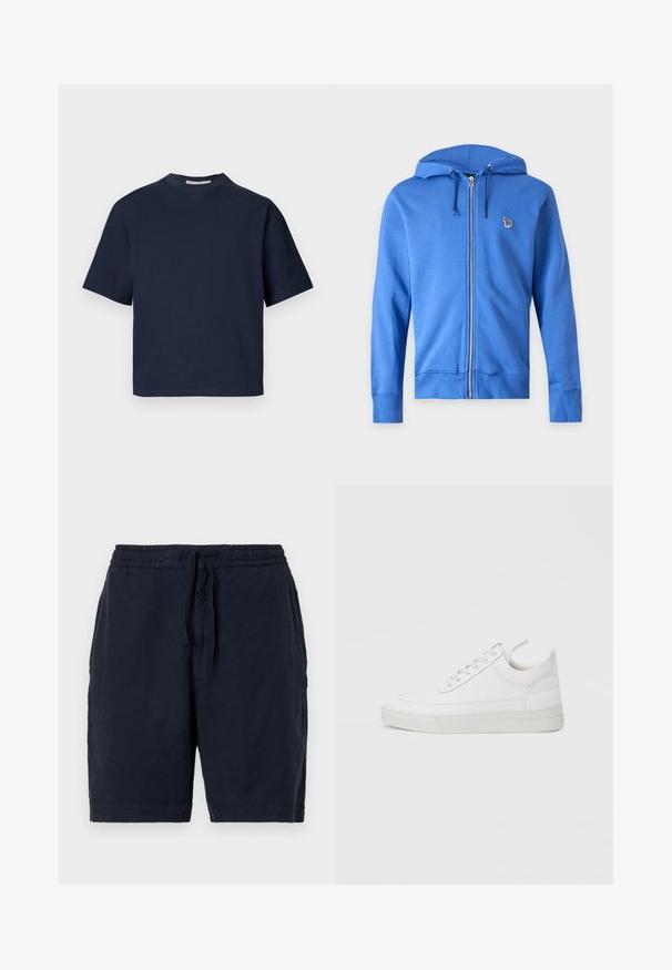 Blauwe hoodie met rits en trekkoord in de capuchon, met een klein geborduurd meerkleurig zebra-logo op de linkerborst tegen een effen lichte achtergrond.; Marineblauw korte mouwen t-shirt met een V-hals, gemaakt van zacht materiaal, met een ontspannen pasvorm en minimalistisch ontwerp, zonder zichtbare patronen of hardware.; Marine linnen shorts met een elastische tailleband en aansnoerkoord, met een relaxte pasvorm en een licht gestructureerd oppervlak.; Witte leren sneaker met een afgeronde neus, platte zool en veters aan de voorkant. Voorzien van stikseldetails en een gevoerde kraag voor comfort.