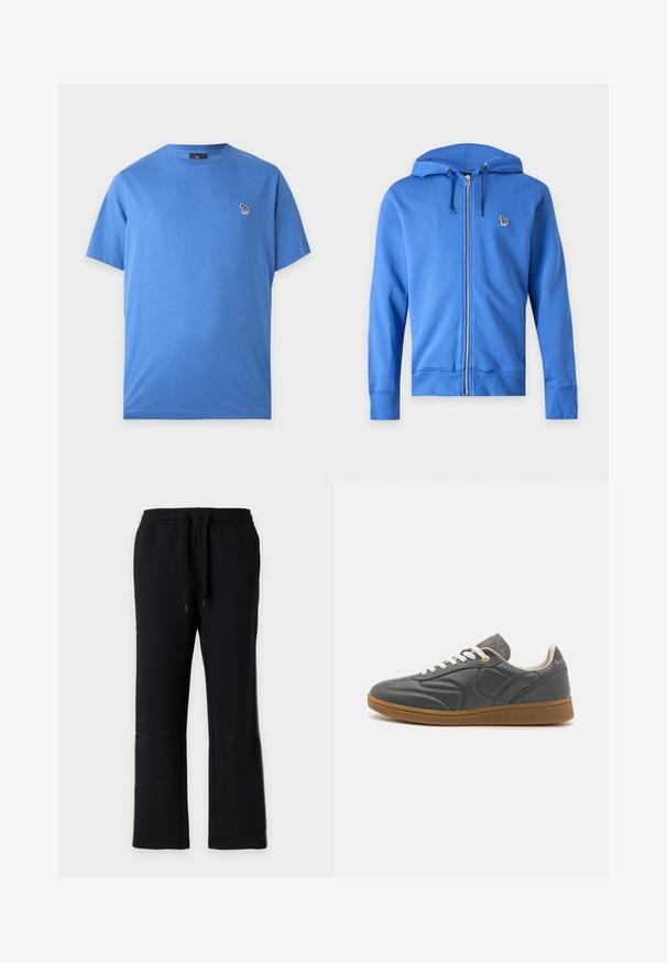 Sweat à capuche bleu zippé avec cordon, petit logo zèbre multicolore brodé sur la poitrine gauche, sur fond clair uni.; T-shirt bleu à manches courtes et col rond avec un petit logo zèbre multicolore sur le côté gauche de la poitrine.; Pantalon de jogging noir à coupe droite avec taille élastique et cordons noirs, présenté sur un fond gris clair uni.; Baskets en cuir gris foncé avec un bout arrondi, lacets blancs, semelle en caoutchouc beige et légers accents en tissu gris au niveau du col. Détail du logo doré.