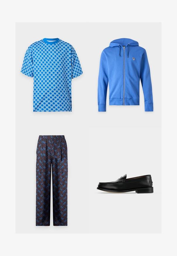 Sweat à capuche bleu zippé avec cordon, petit logo zèbre multicolore brodé sur la poitrine gauche, sur fond clair uni.; T-shirt à manches courtes à carreaux bleus et blancs avec motif répétitif de bretzels et encolure ronde côtelée bleue, présenté sur fond uni.; Pantalons larges en tissu sombre, ornés d'un motif tissé bleu. La taille élastique garantit un confort optimal. Texture lisse avec des accents géométriques.; Mocassin homme en cuir noir avec un petit talon et une couture de style mocassin sur l'avant, vu de côté sur un fond uni.