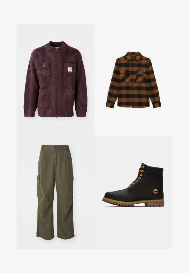 Burgundy zip-jakke med ribbet tekstur, to forlommer og et lille logo-patch. Krave-design med ensfarvet og lynlåslukning.; Langærmet skjorte i orange og sort ternet mønster, lavet af et tekstureret stof. Har to brystlommer og knaplukning foran.; Cargo bukser i olivengrøn, lavet af bomuld, med et bredt ben design, læg og sidelommer til praktisk anvendelse.; Sorte læder ankelstøvle med gyldne øjer, brune detaljer og gummisål. Har en polstret krave og præget logo på siden.