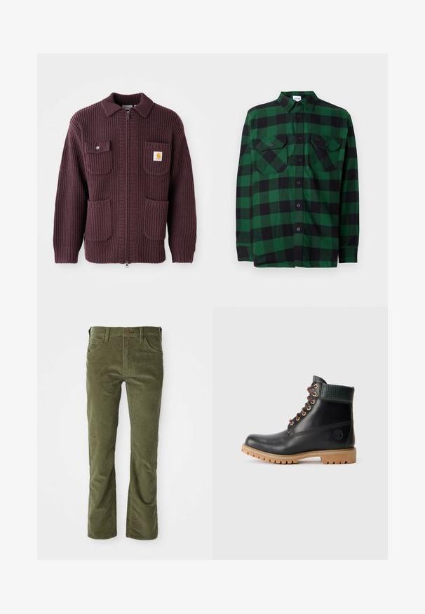 Burgundy zip-jakke med ribbet tekstur, to forlommer og et lille logo-patch. Krave-design med ensfarvet og lynlåslukning.; Grøn- og sortternet flannel skjorte med lange ærmer, knaplukning foran og to brystlommer. Lavet af blødt stof med standart krave.; Olivengrønne fløjlsbukser med forlommer, bæltestropper, knaplukning og let udvidelse ved benåbningerne.; Sort læder ankelstøvle med brune snørebånd, polstret grøn krave og tan gummisål med dybe riller, set fra siden på hvid baggrund.