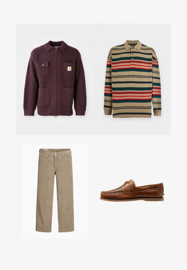 Bordeaux ritsjack met ribbelstructuur, twee voorzakken en een klein logo-embleem. Geknoopd ontwerp met een effen kleur en ritssluiting.; Beige poloshirt met lange mouwen en groene, rode en zwarte horizontale strepen, met drie knopen bij de kraag.; Lichtbruine corduroy broek in een wijd model, met een knoop- en ritssluiting, vijf zakken en een zachte, ribbeltextuur.; Brown leren botenschoen met gestikte accenten, voorzien van metalen oogjes, een verhoogde naad op de neus en een platte rubberen zool.
