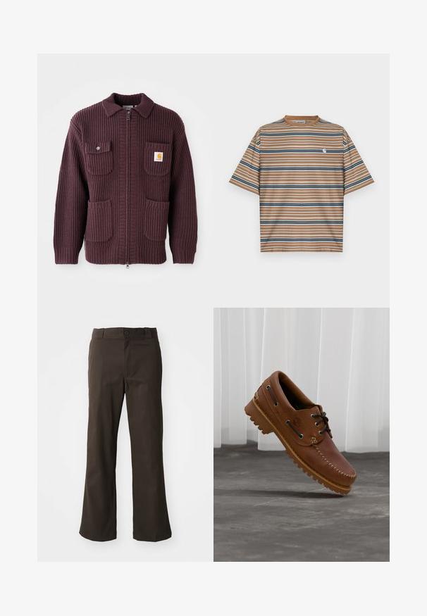 Bordeaux ritsjack met ribbelstructuur, twee voorzakken en een klein logo-embleem. Geknoopd ontwerp met een effen kleur en ritssluiting.; Bruine gestreepte T-shirt met korte mouwen, voorzien van horizontale strepen in blauw, wit en marineblauw. Heeft een klein wit logo op de borst.; Bruine, uitlopende broek met een soepele textuur, voorzien van een sluiting met een voorknop en zijzakken. Eenvoudig en recht ontwerp.; Bruine leren bootschoen met zwarte veters, beige stiksel en een robuuste zool, zwevend boven een grijze betonnen vloer.