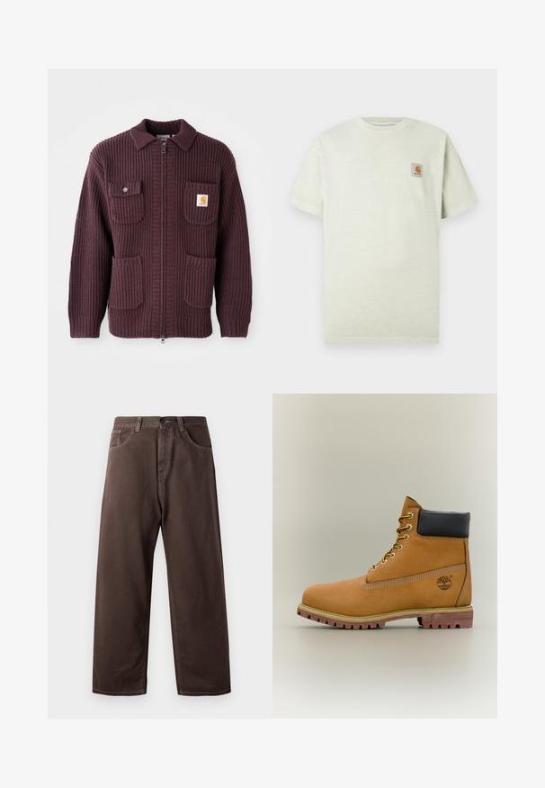 Veste zippée bordeaux avec texture côtelée, deux poches avant et un petit patch logo. Conception à col avec une couleur unie et fermeture éclair.; T-shirt en coton vert clair avec des manches courtes, un col rond et un petit patch carré avec un logo sur la poitrine gauche. Texture douce.; Pantalons larges marron en coton, avec un design classique à cinq poches, une fermeture éclair et des détails de couture visibles.; Bottine en cuir marron avec col noir, lacets jaunes et semelle beige. Présente un logo et des détails de couture blanche. Semelle extérieure à traction robuste.