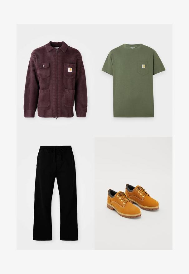 Burgunderfarbige Zip-Jacke mit strukturierter Ripp-Textur, zwei vorderen Taschen und einem kleinen Logo-Aufnäher. Mit Kragen, einfarbig und mit Reißverschluss.; Olivgrünes Baumwoll-T-Shirt mit rundem Ausschnitt, kurzen Ärmeln und einer Brusttasche mit einem Logo-Patch. Sauberes, minimalistisches Design.; Schwarze, elastische Hosen mit verstellbarem Kordelzug, weitem Bein und glatter Baumwollstruktur. Keine sichtbaren Muster oder Hardware-Details.; Braune Wildlederschuhe mit einer runden Zehenpartie, gelben Schnürsenkeln, einem gepolsterten schwarzen Kragen und Gummisohlen mit Rillen für besseren Halt.