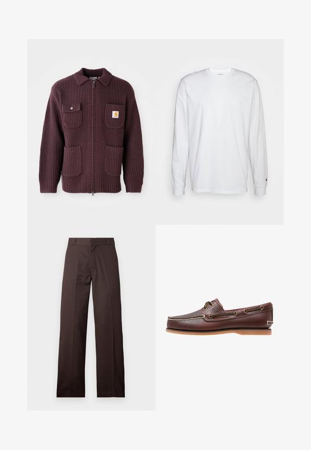 Veste zippée bordeaux avec texture côtelée, deux poches avant et un petit patch logo. Conception à col avec une couleur unie et fermeture éclair.; T-shirt blanc à manches longues en coton. Design à col rond avec des poignets côtelés et un petit logo sur la manche gauche. Texture lisse.; Pantalon marron droit avec passants de ceinture et fermeture éclair à l'avant, présenté sur un fond clair uni.; Chaussure bateau en cuir marron avec coutures blanches, détails de lacets et semelle en caoutchouc beige, vue de côté sur fond blanc.