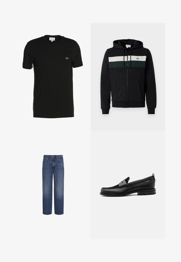 Sweat à capuche noir zippé en tissu doux. Il comporte une bande horizontale blanche et vert foncé sur la poitrine et une poche à l'avant. Capuche incluse.; T-shirt en coton noir à manches courtes, col rond, avec petit logo vert Lacoste sur la poitrine. Texture lisse, coupe classique.; Jean bleu taille haute à jambes droites avec bouton et fermeture éclair devant, passants ceinture, poches avant et arrière.; Mocassin en cuir noir avec détail de bride grise, talon bas et semelle texturée, marqué "HUGO" en or sur le côté.