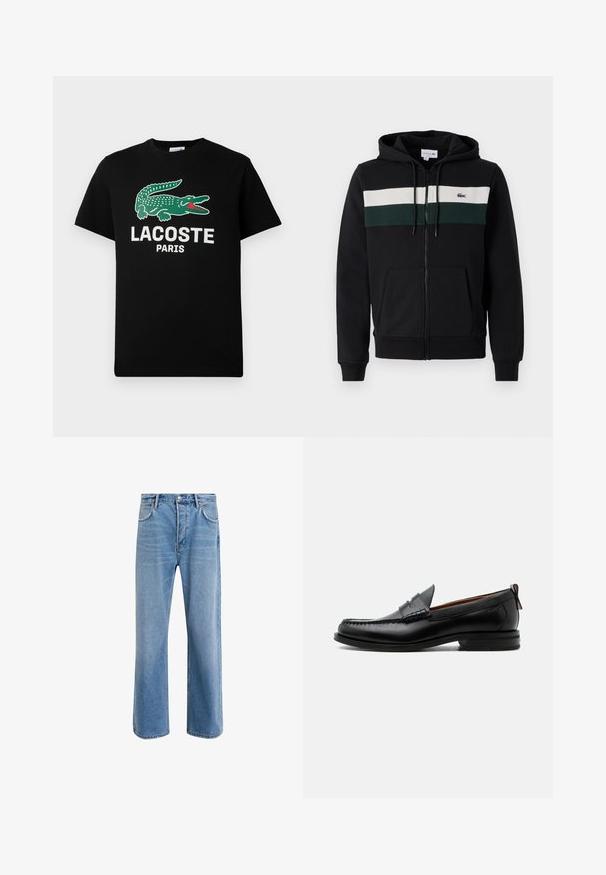 Schwarze Zip-Hoodie aus weichem Stoff. Mit einem weißen und dunkelgrünen horizontalen Streifen über der Brust und einer Fronttasche. Mit Kapuze.; Schwarzes Baumwoll-T-Shirt mit grünem Krokodil-Logo und dem Text "LACOSTE PARIS" in Weiß. Kurze Ärmel und klassischer Rundhalsausschnitt.; Helle blaue Jeans im Geradeschnitt-Design, mit fünf Taschen, Knopfverschluss, minimaler Ausbleichung und kontrastierenden Nähdetails.; Schwarzer Leder-Herrenschuh mit Mokassinnaht, Penny-Riemen, strukturiertem Kragen und niedrigem gestapeltem Absatz auf weißem Hintergrund.