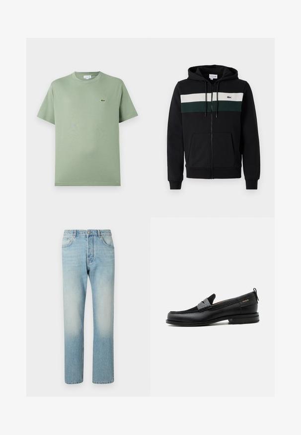 Sort hættejakke med lynlås lavet af blødt stof. Har en hvid og mørkegrøn vandret stribe hen over brystet og en frontlomme. Hætte inkluderet.; Lysegrøn bomulds T-shirt med rund halsudskæring, korte ærmer og et lille logo på venstre bryst. Glat tekstur, standard pasform.; Lyseblå jeans lavet af denim, med et lige ben-design, fem lomme-struktur og falmet vaskeffekt ved lårene.; Sort læderloafer med grå remdetalje, lav hæl og tekstureret sål, mærket med "HUGO" i guld på siden.