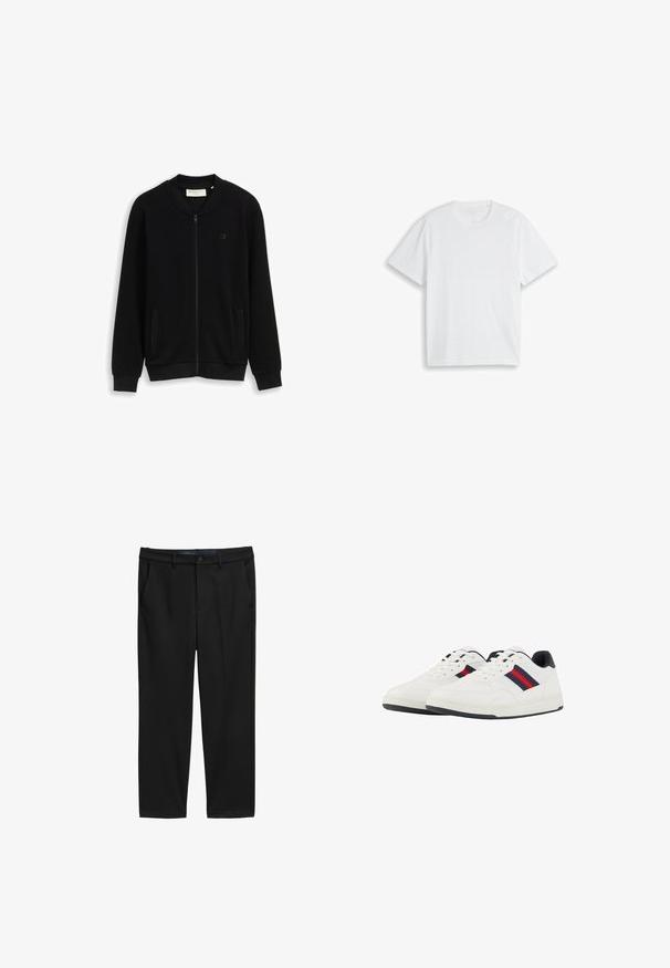 Chaqueta negra con textura y cremallera, con cuello, puños y dobladillo acanalados, dos bolsillos delanteros y un pequeño logo en el pecho.; Camiseta blanca lisa de manga corta y cuello redondo, colocada plana sobre un fondo blanco.; Pantalones negros de corte recto, hechos de una tela texturizada. Presenta dos bolsillos frontales y un cierre de botón en la cintura.; TOM TAILOR Zapatillas - white navy