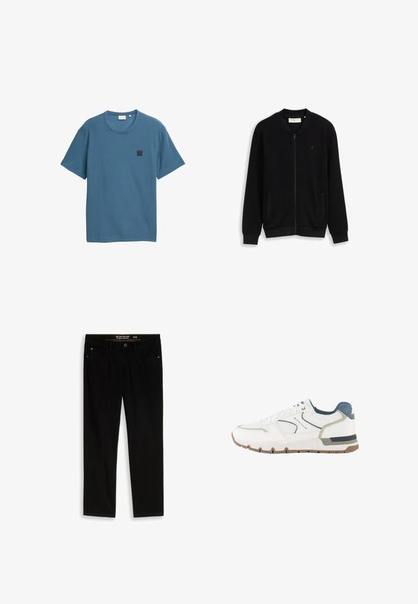 Schwarze, strukturierte Jacke mit Reißverschluss, mit geripptem Kragen, Bündchen und Saum, zwei Fronttaschen und kleinem Logo auf der Brust.; Blaues kurzärmliges T-Shirt aus strukturiertem Stoff, mit einem runden Halsausschnitt und einem quadratischen Logo-Patch auf der linken Brust.; Schwarze Jeans mit geradem Bein, Vordertaschen und Gürtelschlaufen, beschriftet mit Tom Tailor Marvin Straight, Größe 31/32.; Weißer und grauer Sportschuh mit blauen Akzenten, Netzgewebe und brauner Sohle, seitlich mit "Tom Tailor"-Marke versehen.