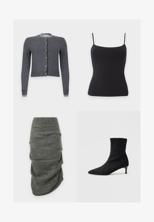 Grå kort cardigan med rund halsudskæring, knaplukning foran, ribbede manchetter og en struktureret overflade. Har kontrasterende lysegrå detaljer.; Sort tætsiddende camisole top med tynde skulderstropper og firkantet halsudskæring på ensfarvet baggrund.; Mørk grå asymmetrisk mohair-nederdel med rynket tekstur og tætsiddende talje, præsenteret fladt på en hvid baggrund.; Sort ruskinds ankelstøvle med spids tå og en slank, let buet hæl. Glat overflade og minimalisk design.