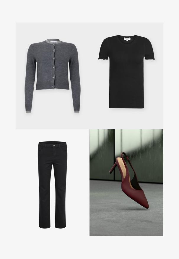 Cardigan gris raccourci avec un col rond, fermeture à boutons, poignets côtelés et une finition texturée. Doté d'accents contrastants gris clair.; T-shirt noir côtelé en coton à manches courtes avec encolure ronde et petits bords volantés sur les manches, taille petit, marque Rosemunde.; Pantalon en denim noir avec une coupe droite, doté de deux poches avant et d'un seul bouton en métal à la taille. Texture lisse.; Chaussure à talon haut slingback en cuir bordeaux avec bout pointu et talon fin reposant sur une surface grise près d'une fenêtre réfléchissante.