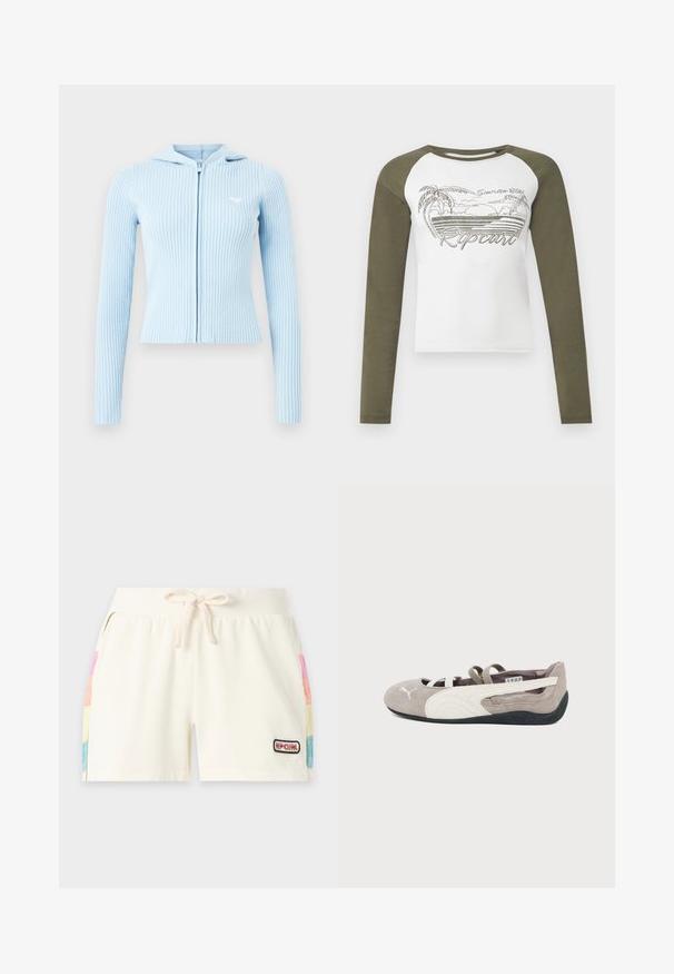 Hoodie zippé en maille côtelée bleu clair avec manches longues et petit logo brodé sur le côté gauche de la poitrine.; T-shirt raglan à manches longues avec manches vert olive et corps blanc, comportant des palmiers, un coucher de soleil et un motif texte "Ripcurl" à l'avant.; Shorts écru avec cordon de serrage, taille côtelée, poches latérales avec panneaux multicolores et petit logo "Rip Curl" sur la jambe avant droite.; Ballerine plate en daim brun clair avec logo Puma blanc, bande latérale blanche, sangles élastiques et semelle en caoutchouc noire.