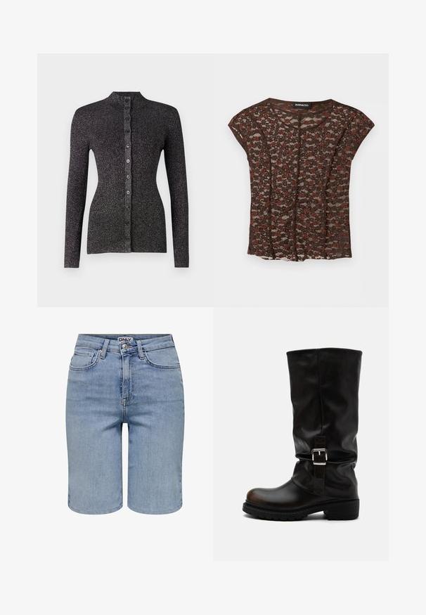 Zwarte geribde cardigan van textuurmateriaal, met een hoge hals, lange mouwen en een rij van zes bijpassende knopen aan de voorkant.; Bruine kanten korte mouwen blouse met een klein bloemmotief en een ronde hals, merkembleem "EVEN&ODD" binnenin de kraag.; Lichtblauwe denim shorts met voorzakken, riemlussen, een metalen knoop en een ritssluiting.; Hoge zwarte leren laars met afgeronde neus, lage hak, zijgesp en licht ingezakte schacht op een witte achtergrond.