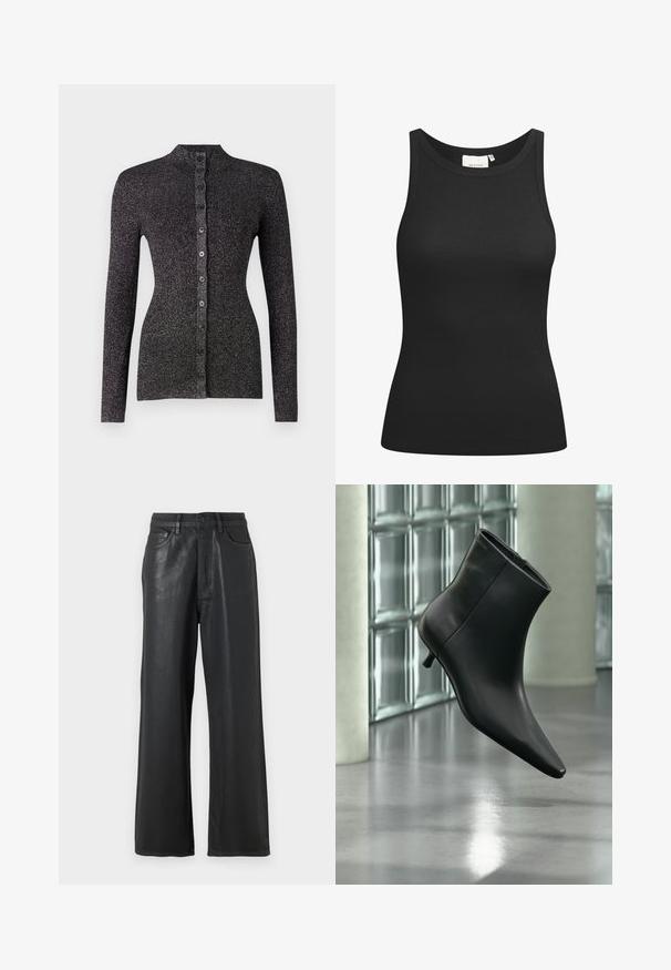 Schwarze gerippte Strickjacke aus strukturiertem Material, mit hohem Kragen, langen Ärmeln und einer Reihe von sechs passenden Knöpfen auf der Vorderseite.; Schwarzes Tanktop aus Rippstoff mit Rundhalsausschnitt und figurbetonter Passform. Flache Nähte und keine Verzierungen. Einfaches und elegantes Design.; Schwarze weite Hosen aus glänzendem Material. Sie verfügen über einen Knopfverschluss, Gürtelschlaufen und vordere Taschen mit glatter Textur.; Schwarzer Leder-Stiefelette mit spitzer Zehenpartie und niedrigem Kitten-Heel, schräg dargestellt vor einem polierten Boden und einer Glasbausteinwand.
