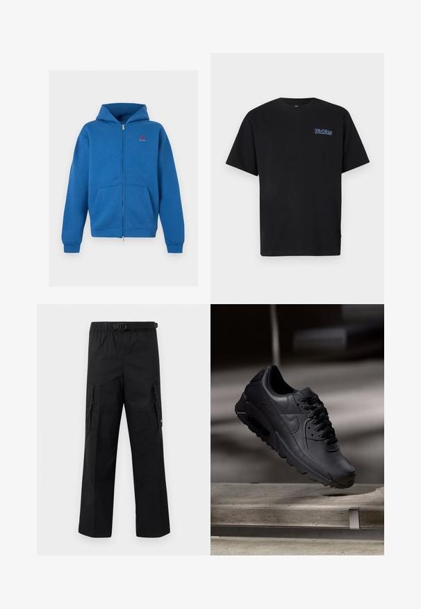 Blauwe capuchontrui met volledige ritssluiting, voorzakken en een klein rood logo op de linkerborst.; Zwart katoenen T-shirt met korte mouwen en een ronde hals. Voorzien van een blauw geborduurd "Dickies"-logo op de linkerborst.; Zwarte cargobroek met een wijde pasvorm, een verstelbare tailleband met een gesp en twee zijzakken voor opslag. Lichtgewicht stof.; Zwarte Nike Air Max sneakers met een bovenwerk van gestructureerd leer, rubberen zool en een opvallend vetersysteem, dat een strakke, moderne uitstraling heeft.