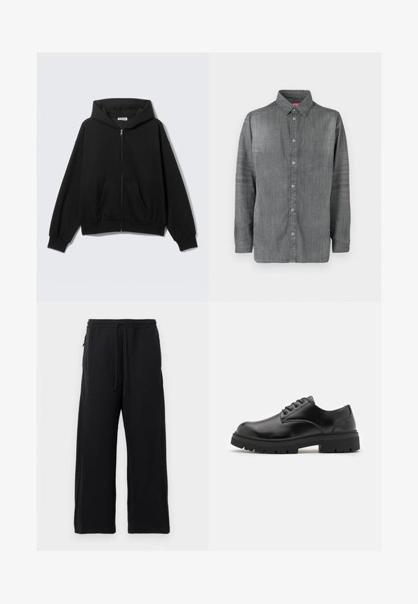 Sweat à capuche noir zippé avec poches avant, manches longues et capuche, présenté sur un fond uni clair.; Chemise grise à boutons, fabriquée en tissu texturé, avec un col pointu et une fermeture à boutons sur le devant avec des détails de couture visibles.; Pantalons de survêtement noirs en tissu doux, dotés d'une taille avec cordon de serrage, d'une coupe large et de poches latérales avec une texture lisse.; Chaussures en cuir noir avec un bout rond, un laçage et une semelle en caoutchouc épaisse et texturée. Présente des coutures le long du bord et une finition lisse.