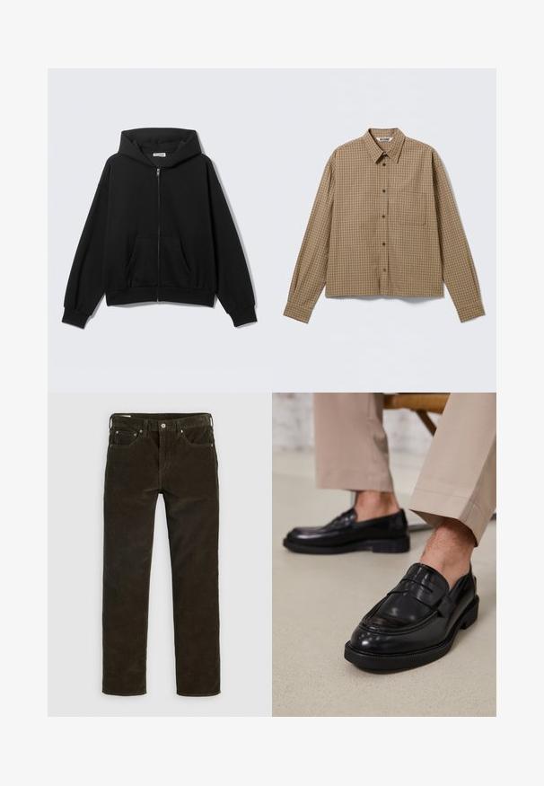 Zwarte hoodie met rits, voorzakken, lange mouwen en capuchon, getoond tegen een effen lichte achtergrond.; Bruin geruit overhemd met knopen, lange mouwen, een kraag en een borstzak; heeft donkere knopen en een cropped ontwerp.; Bruine corduroy broek met een recht gesneden pasvorm, vijf zakken, zichtbare stiksels en een gestructureerde stofafwerking. Metalen knoopsluiting aan de taille.; Zwarte leren loafers met een gladde afwerking, voorzien van een decoratieve band en contrasterende stiksels, gecombineerd met beige broeken.