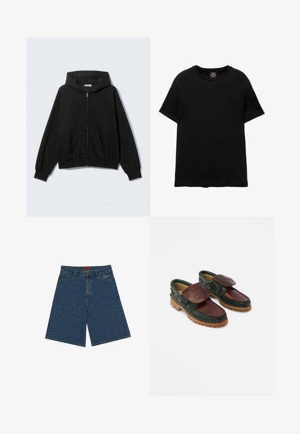 Schwarzer Kapuzenpullover mit Reißverschluss, Fronttaschen, langen Ärmeln und Kapuze, vor einem schlichten hellen Hintergrund dargestellt.; Schwarzes T-Shirt mit kurzen Ärmeln und Rundhalsausschnitt, mit einem Pull&Bear-Etikett innen am Kragen, flach auf weißem Hintergrund liegend.; Dunkelblaue Jeansshorts mit mittelhohem Bund, Druckknopfverschluss, Fronttaschen und gesticktem Logo auf der linken Seite.; Lederschuhe mit einem dunkelgrünen Oberteil und einem bordeauxroten oberen Teil, runder Spitze, gesichertem Klappverschluss und einer strukturierten Gummisohle mit Rillen.