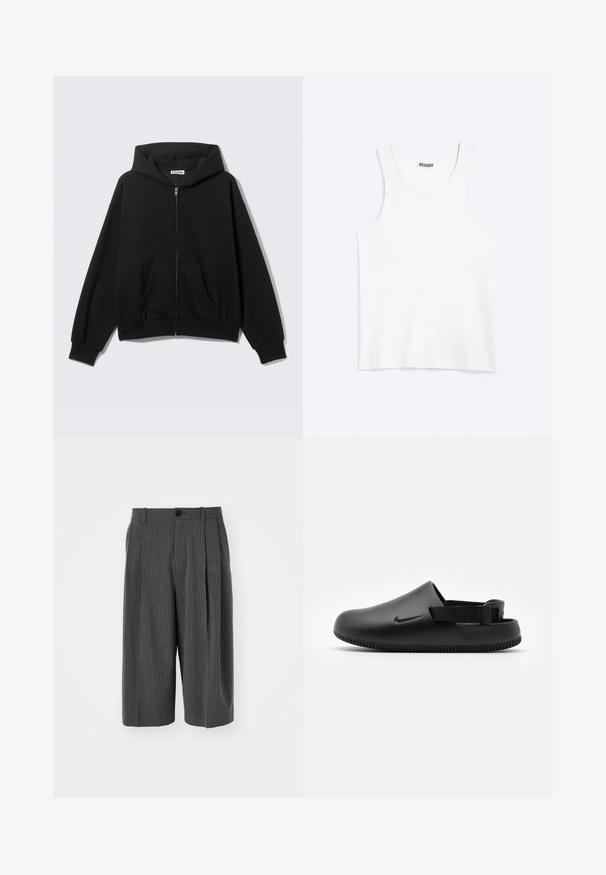 Schwarzer Kapuzenpullover mit Reißverschluss, Fronttaschen, langen Ärmeln und Kapuze, vor einem schlichten hellen Hintergrund dargestellt.; Weißes ärmelloses Tanktop mit rundem Ausschnitt und Weekday-Markenetikett auf der Innenseite des hinteren Kragens, flach auf hellem Hintergrund dargestellt.; Graue, gestreifte, weitgeschnittene Shorts mit einem Knopfverschluss und plissiertem Vorderteil. Aus einem strukturierten Stoff gefertigt und mit einem maßgeschneiderten Design.; Schwarze geformte Clogs mit glatter Textur, einem Hinterriemen für Stabilität und einer geriffelten Sohle für Grip. Mit kleinem Logo an der Seite.