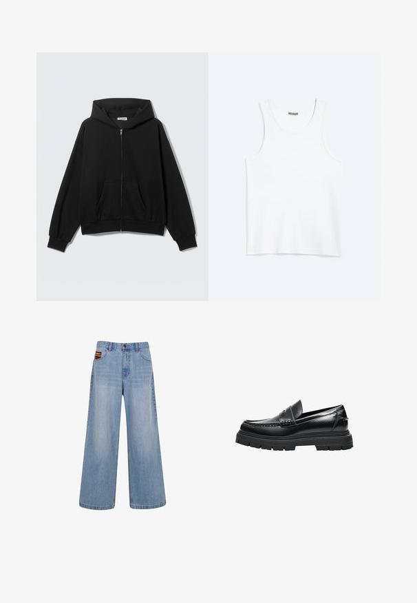 Zwarte hoodie met rits, voorzakken, lange mouwen en capuchon, getoond tegen een effen lichte achtergrond.; Wit mouwloos hemdje met ronde hals en Weekday-merklabel aan de binnenkant van de achterkraag, plat weergegeven op een lichte achtergrond.; Lichtblauwe wijde jeans met hoge taille en een klein kleurrijk geweven detail dat uit de rechtervoorkant van de broekzak steekt.; Zwarte leren loafer met dikke grof profielzool en pennybandje, zijaanzicht op witte achtergrond.