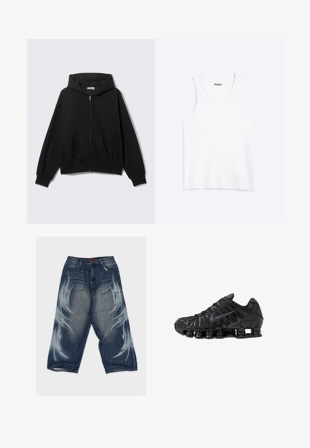 Sort hættetrøje med lynlås foran, forlommer, lange ærmer og hætte, vist mod en ensfarvet lys baggrund.; Hvid ærmeløs tanktop med rund halsudskæring og Weekday-mærke på den indvendige baghals, vist fladt på lys baggrund.; Blå denim vidde bukser med grafiske lyseblå designs på begge sider, med en falmet vask, fem-lomme design og frynset kant.; Sorte atletikskoser lavet af mesh og syntetiske materialer, med et karakteristisk bølget design, sort gummisål og reflekterende detaljer.