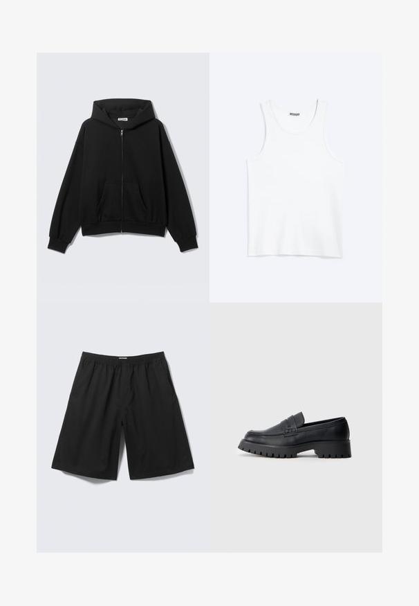 Sweat à capuche noir zippé avec poches avant, manches longues et capuche, présenté sur un fond uni clair.; Débardeur blanc sans manches avec col rond et étiquette de la marque Weekday à l'intérieur du col arrière, présenté à plat sur un fond clair.; Shorts noirs à coupe ample avec taille élastique et poches latérales, présentés sur un fond gris clair.; Mocassins en cuir noir avec un bout arrondi, présentant une sangle décorative et une semelle en caoutchouc épaisse avec de profonds crampons pour une meilleure adhérence.