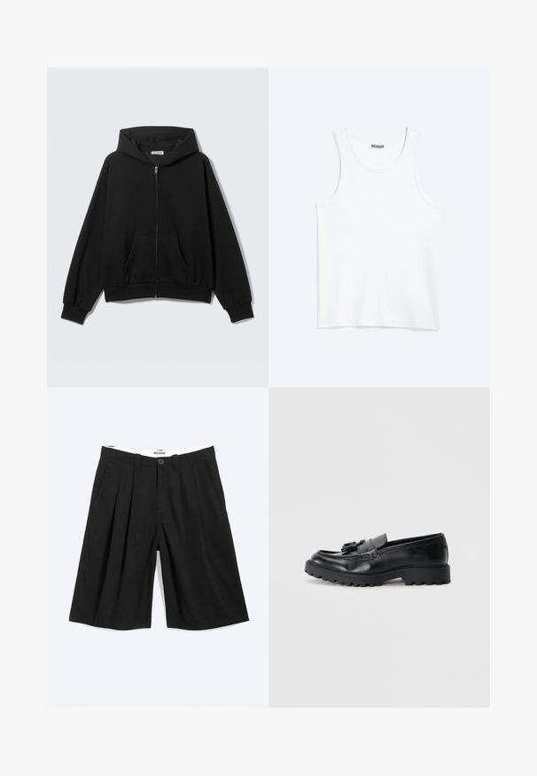 Sweat à capuche noir zippé avec poches avant, manches longues et capuche, présenté sur un fond uni clair.; Débardeur blanc sans manches avec col rond et étiquette de la marque Weekday à l'intérieur du col arrière, présenté à plat sur un fond clair.; Short noir plissé longueur genou avec passants de ceinture, poches latérales et fermeture par bouton, présenté à plat sur fond blanc.; Mocassins en cuir noir avec une finition brillante, semelle en caoutchouc épaisse et détail de frange décoratif à l'avant.