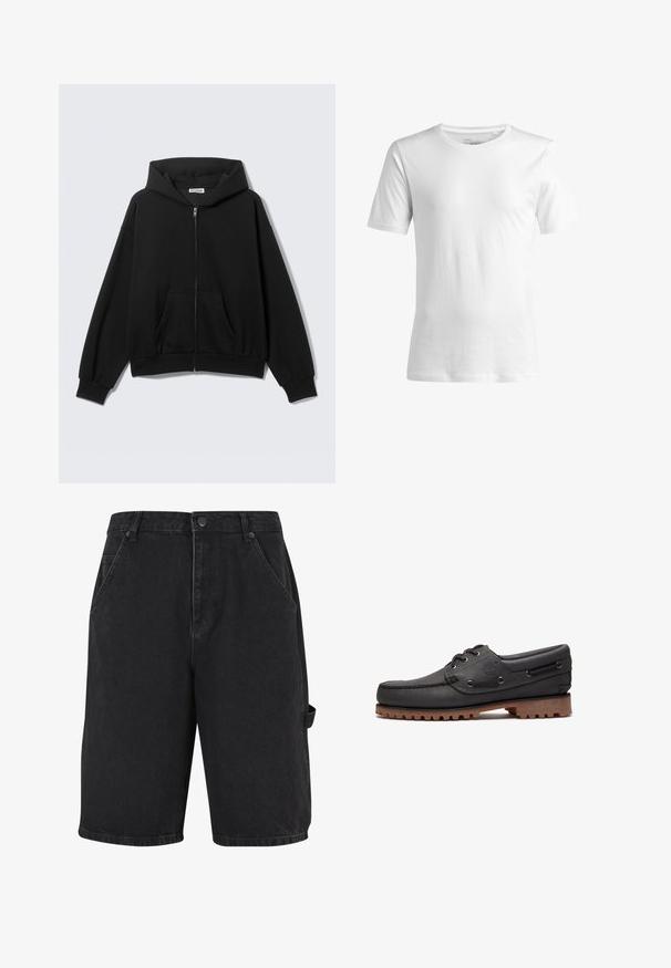 Schwarzer Kapuzenpullover mit Reißverschluss, Fronttaschen, langen Ärmeln und Kapuze, vor einem schlichten hellen Hintergrund dargestellt.; Weißes T-Shirt mit kurzen Ärmeln aus Baumwolle, in regulärer Passform und mit rundem Ausschnitt. Glatte Textur, keine Muster oder sichtbaren Details.; Schwarze Denim-Shorts mit lockerer Passform, Fronttaschen und seitlicher Akzenttasche. Der Stoff hat eine subtile Textur und eine robuste Verarbeitung.; Schwarzes Bootsschuh aus Leder mit Schnürdetails, rundem Zehenbereich, strukturierter brauner Gummisohle und genähten Lederseiten.