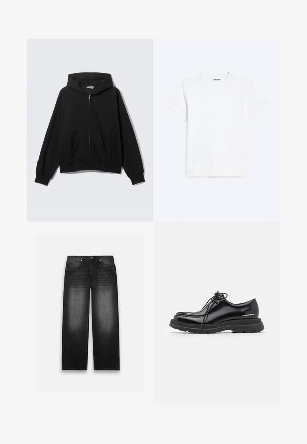 Sort hættetrøje med lynlås foran, forlommer, lange ærmer og hætte, vist mod en ensfarvet lys baggrund.; Enkelt hvid t-shirt med korte ærmer og rund halsudskæring med et "WEEKDAY" mærke på indersiden af nakken, vist på en lys baggrund.; Sorte denim jeans med bred bendesign. Har fem lommer, let falmning og solid syning. Knaphul- og lynlås-lukning.; Sorte læder dressko med rund tå, tyk gummisål, snørebåndsdesign og markant syning langs kanten.