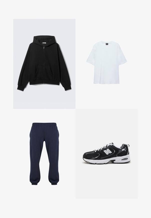 Sweat à capuche noir zippé avec poches avant, manches longues et capuche, présenté sur un fond uni clair.; T-shirt blanc uni oversize à manches courtes avec col rond et étiquette noire à l'intérieur du col sur fond blanc.; Pantalons de survêtement bleu marine avec une taille élastique et des manches resserrées, fabriqués en tissu doux, sans motifs ni accessoires visibles.; Baskets de sport noires et grises avec un tige en mesh et en suède, présentant une semelle intermédiaire blanche, des lacets et un logo "N" audacieux sur le côté.