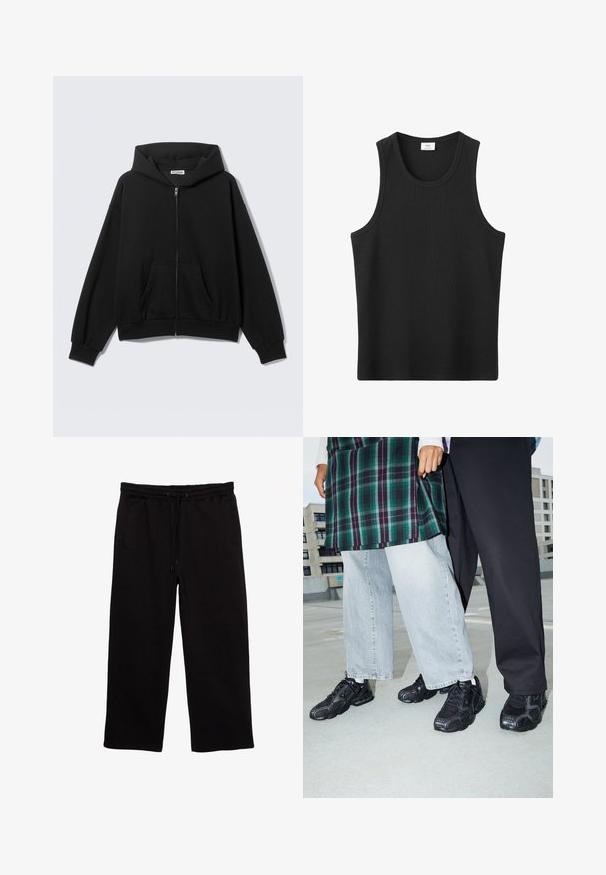 Sort hættetrøje med lynlås foran, forlommer, lange ærmer og hætte, vist mod en ensfarvet lys baggrund.; Sort ribbet ærmeløs top med rund halsudskæring, designet til afslappet brug.; Sorte sweatpants lavet af blødt stof, med elastisk talje med snøre, to sidelommer og en afslappet pasform.; Sorte atletik sko med mesh- og gummidetaljer. Båret med lysegrå vide jeans og en ternet grøn bluse. Flad overflade i baggrunden.