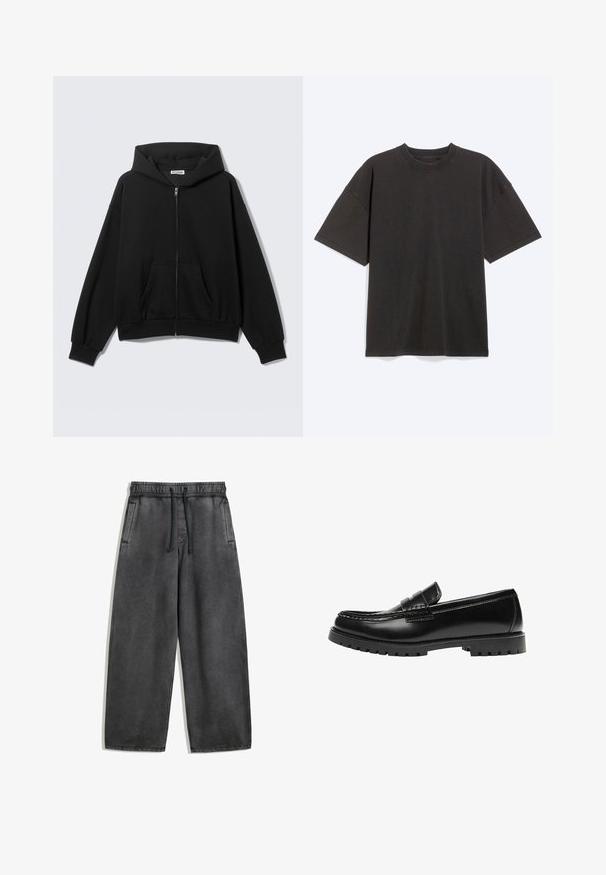 Zwarte hoodie met rits, voorzakken, lange mouwen en capuchon, getoond tegen een effen lichte achtergrond.; Zwarte oversized T-shirt met korte mouwen en ronde hals, liggend op een lichtgrijze achtergrond.; Donkergrijze wijde broek met een elastische tailleband, verstelbare trekkoord en zijzakken. Het materiaal heeft een gladde textuur.; Zwarte leren loafer met een dikke rubberen zool en klassieke penny-strap details, gezien vanaf de buitenkant.