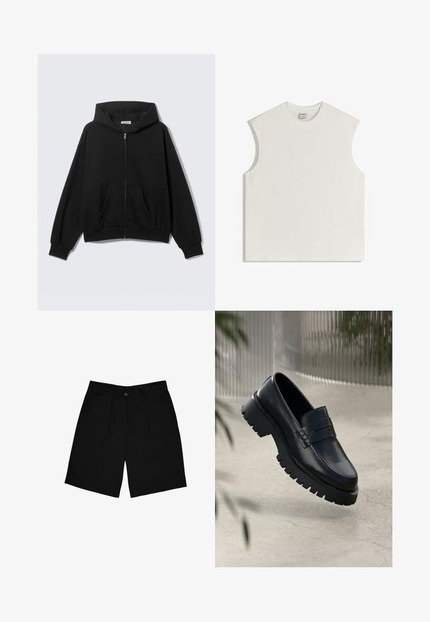 Sweat à capuche noir zippé avec poches avant, manches longues et capuche, présenté sur un fond uni clair.; Haut en coton blanc sans manches avec encolure ronde et épaules légèrement rembourrées, posé à plat sur un fond blanc.; Shorts noirs en tissu à texture lisse, dotés d'une fermeture à bouton à l'avant, de deux poches latérales et d'un design plissé.; Mocassins en cuir noir avec une semelle à crampons épaisse, dotés d'une sangle décorative et de détails de couture. Texture lisse avec une finition polie.