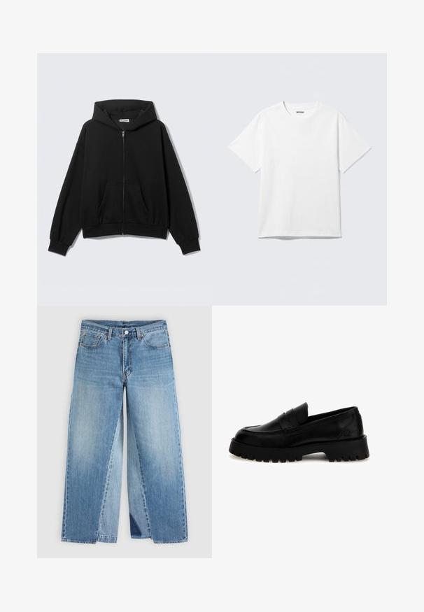 Sudadera negra con cremallera, bolsillos delanteros, mangas largas y capucha, mostrada sobre un fondo liso y claro.; Camiseta blanca de manga corta con cuello redondo, colocada plana, diseño liso, con etiqueta "WEEKDAY" en el interior del cuello sobre un fondo claro.; Vaqueros de mezclilla azul con pierna recta, diseño clásico de cinco bolsillos y cierre frontal con botones, mostrados planos sobre un fondo neutro.; Mocasines de cuero negro con una suela gruesa y estriada. Presentan una puntera tipo mocasín cosida y una correa en la parte frontal. La marca es visible en el talón.
