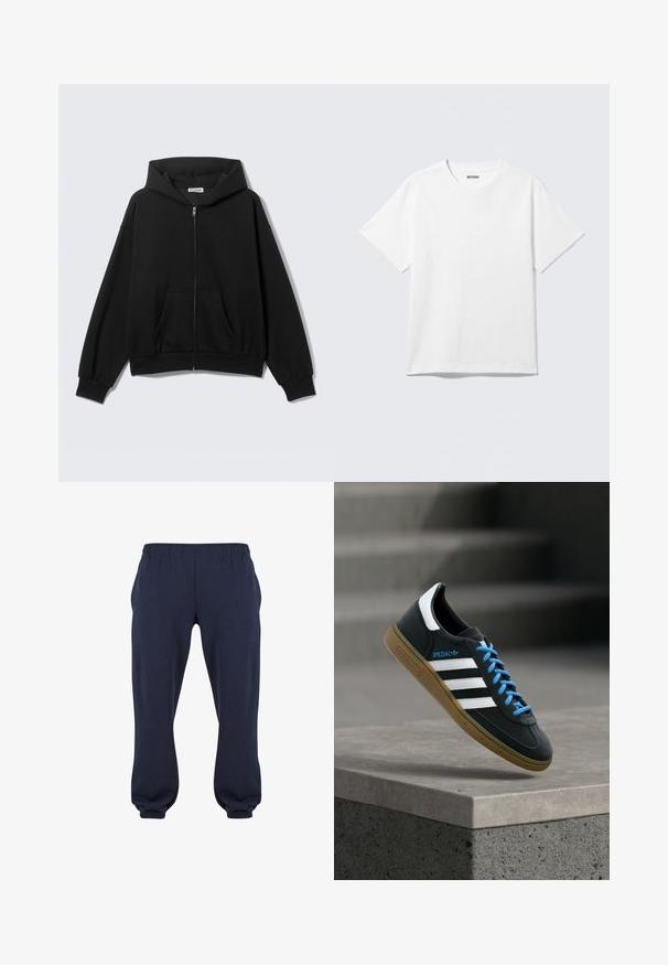 Sudadera negra con cremallera, bolsillos delanteros, mangas largas y capucha, mostrada sobre un fondo liso y claro.; Camiseta blanca de manga corta con cuello redondo, colocada plana, diseño liso, con etiqueta "WEEKDAY" en el interior del cuello sobre un fondo claro.; Pantalones sudadera azul marino con cintura elástica y puños ajustados, confeccionados en tela suave, sin patrones ni herrajes visibles.; Zapatilla negra Adidas con franjas blancas, cordones azules y suela de goma flotando sobre un escalón de hormigón gris con luz suave.