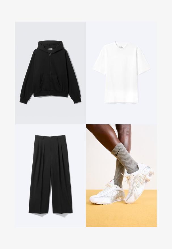 Sort hættetrøje med lynlås foran, forlommer, lange ærmer og hætte, vist mod en ensfarvet lys baggrund.; Enkel hvid T-shirt med korte ærmer og rund hals med afslappet pasform, vist på en lys baggrund.; Sorte bukser med vide ben, forplisser, bæltestropper og knaplukning vist på en ensartet lys baggrund.; Nike sneakers i hvid med sølv accenter, der har teksturerede paneler og perforeringer. Sammen med grå ribbede sokker, sat mod en gul baggrund.