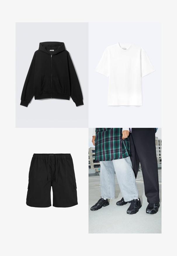 Sort hættetrøje med lynlås foran, forlommer, lange ærmer og hætte, vist mod en ensfarvet lys baggrund.; Enkel hvid T-shirt med korte ærmer og rund hals med afslappet pasform, vist på en lys baggrund.; Sorte cargo shorts med elastisk talje, snor, sidelommer og et tekstureret stof. Designet til komfort og funktionalitet.; Sorte atletik sko med mesh- og gummidetaljer. Båret med lysegrå vide jeans og en ternet grøn bluse. Flad overflade i baggrunden.